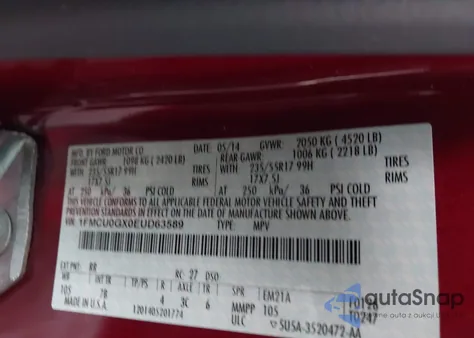 2014 Ford Escape Se z USA, uszkodzony, nr VIN 1FMCU0GX0EUD63589